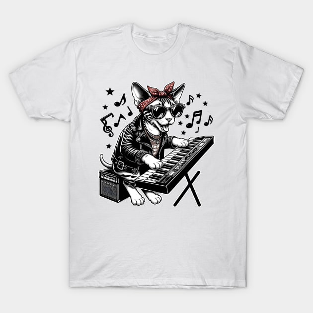 Devon Rex Cat Playing Keyboard T-Shirt by Graceful Designs